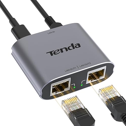 Tenda Ethernet Splitter 1 to 2 High Speed 1000Mbps, RJ45 Gigabit Ethernet Cable Splitter 1 to 2, LAN Splitter with USB Power Cable for Cat 5/6/7/8