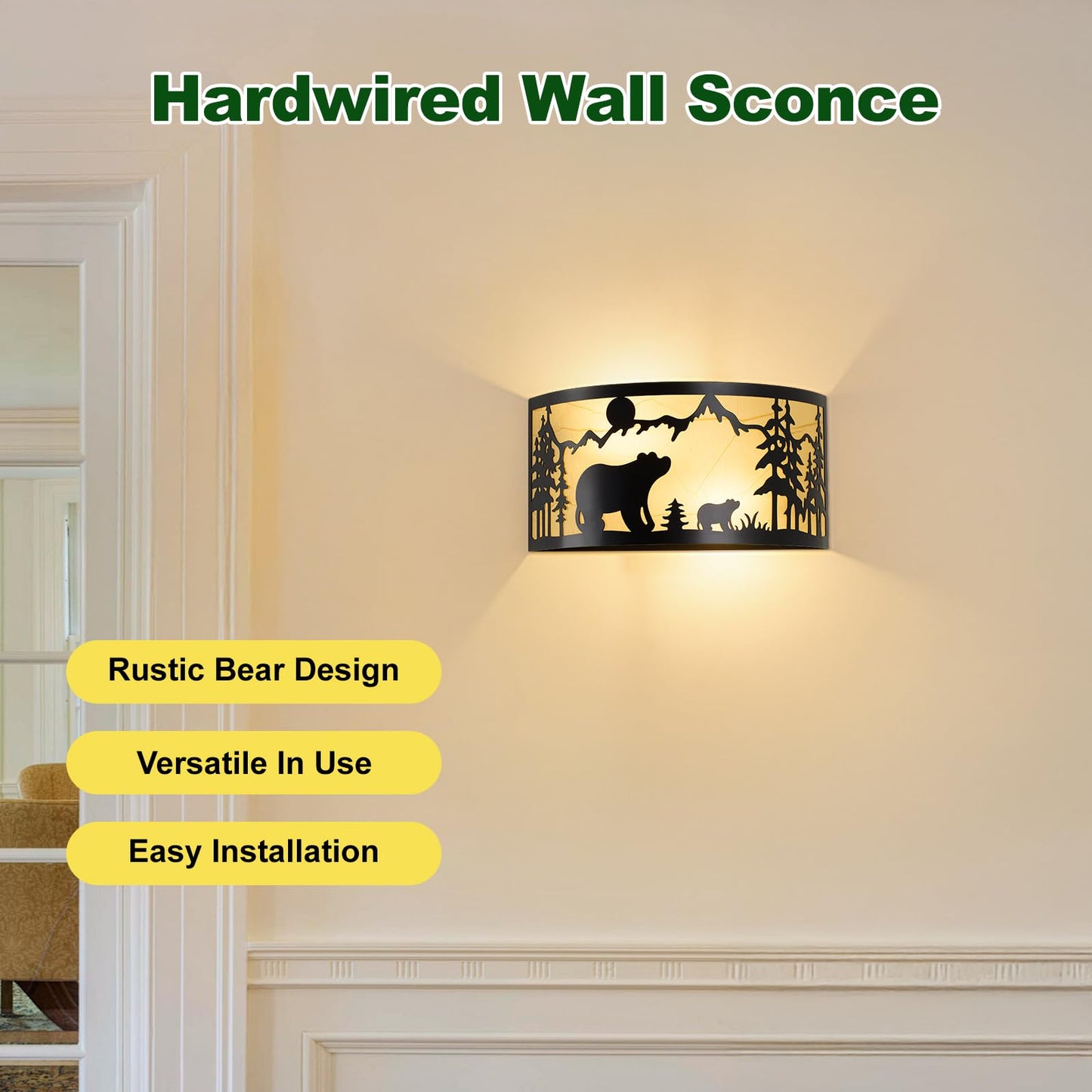 SAYTOP Rustic Bear Wall Sconces Farmhouse Industrial Wall Lamp, Indoor Wall Mount Lighting Matte Black Porch Light 2-Light Wall Lantern or Bedroom