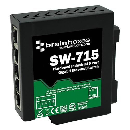 Brainboxes - SW-715 - Brainboxes Hardened Industrial 5 Port Gigabit Ethernet Switch DIN Rail Mountable - 5 Ports - TAA Compliant - 2 Layer Supported