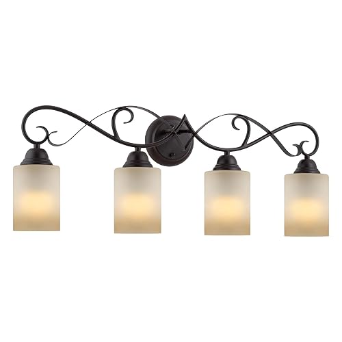 Kira Home Villa 31" Traditional 4-Light Bathroom Vanity Light with Scrollwork Design and Frosted Amber Glass Shades, Oil Rubbed Bronze Finish