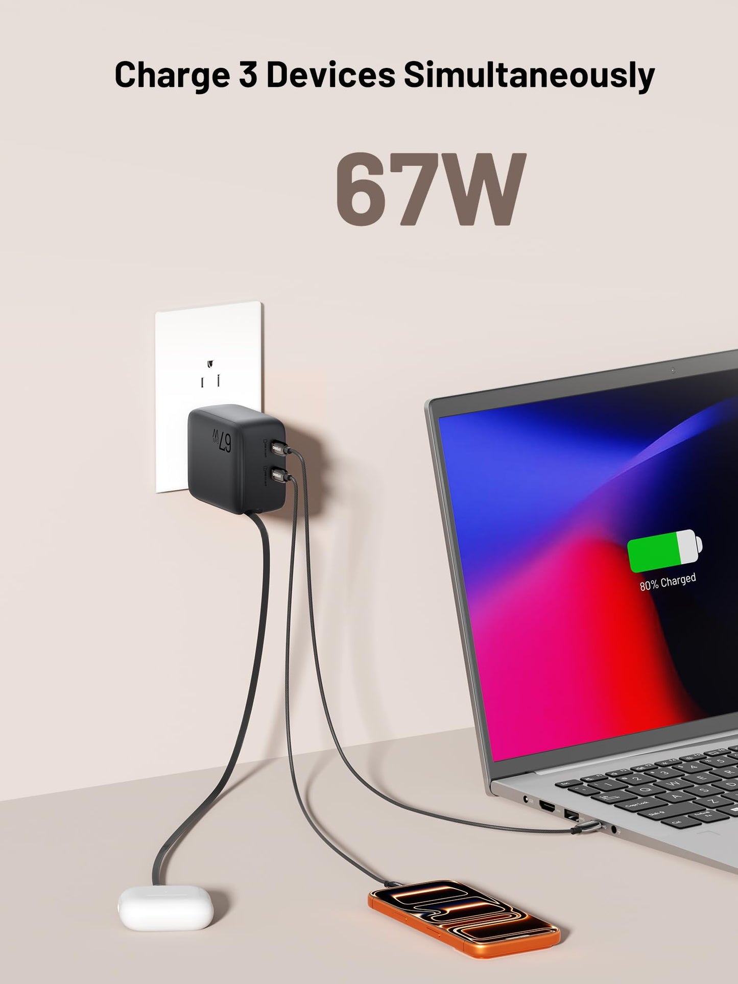 Omnibar USB C Retractable Wall Charger, 67W Max 3 in 1 GaN Fast Charging Block with Foldable Plug, Compact PD PPS USB C Charger Block for iPhone