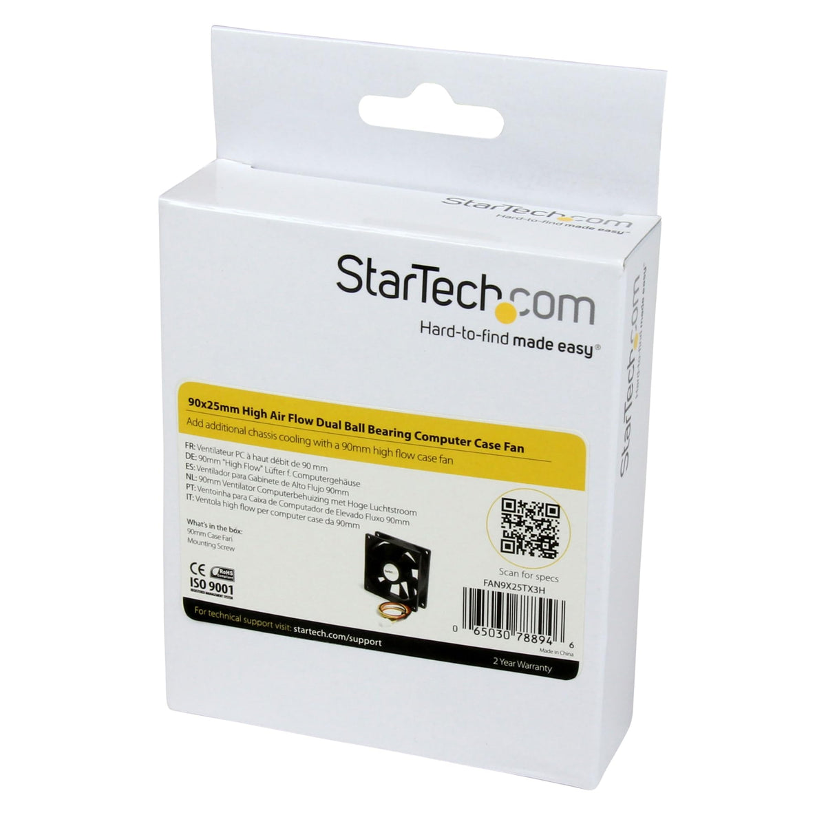 StarTech.com 90x25mm High Air Flow Dual Ball Bearing Computer Case Fan w/ TX3 (FAN9X25TX3H), Black