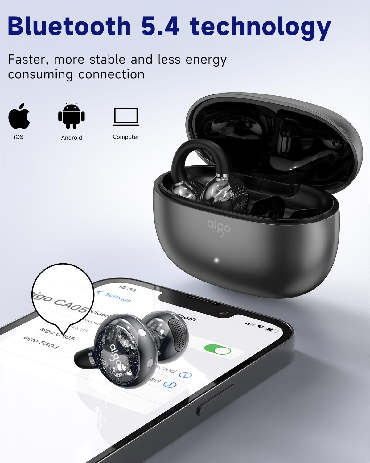 aigo CA05 Open Ear Earbuds Clip on Wireless Bluetooth 5.4 Headphones with Mic for iPhone,Android,Laptop,Enc Noise Reduction,50H Play,Waterproof…