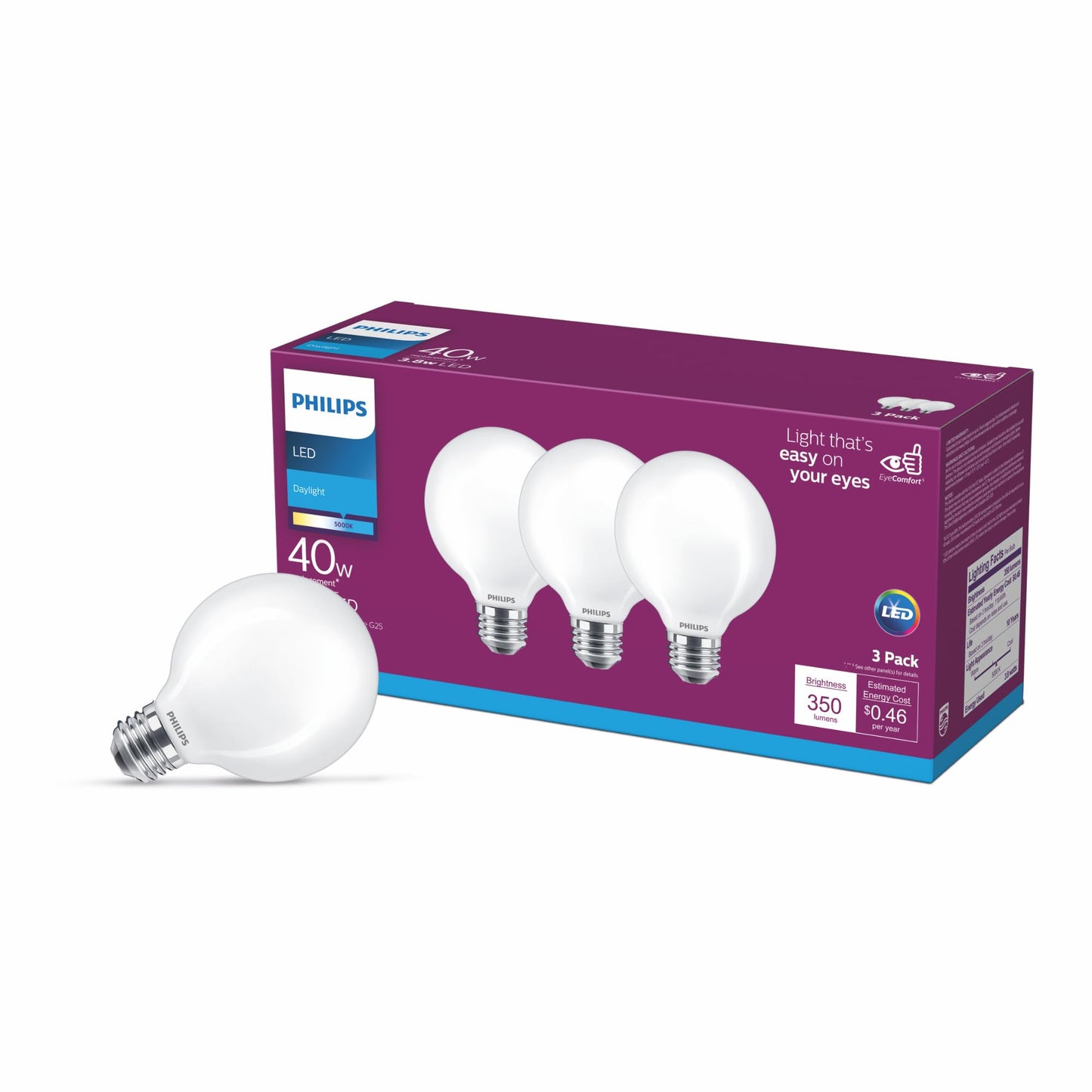 PHILIPS LED Frosted Non-Dimmable G25 Light Bulb - Pack of 3 - EyeComfort Flicker Free - 3.8W = 40W - 350 Lumen - Daylight (5000K) - E26 Base - Indoor