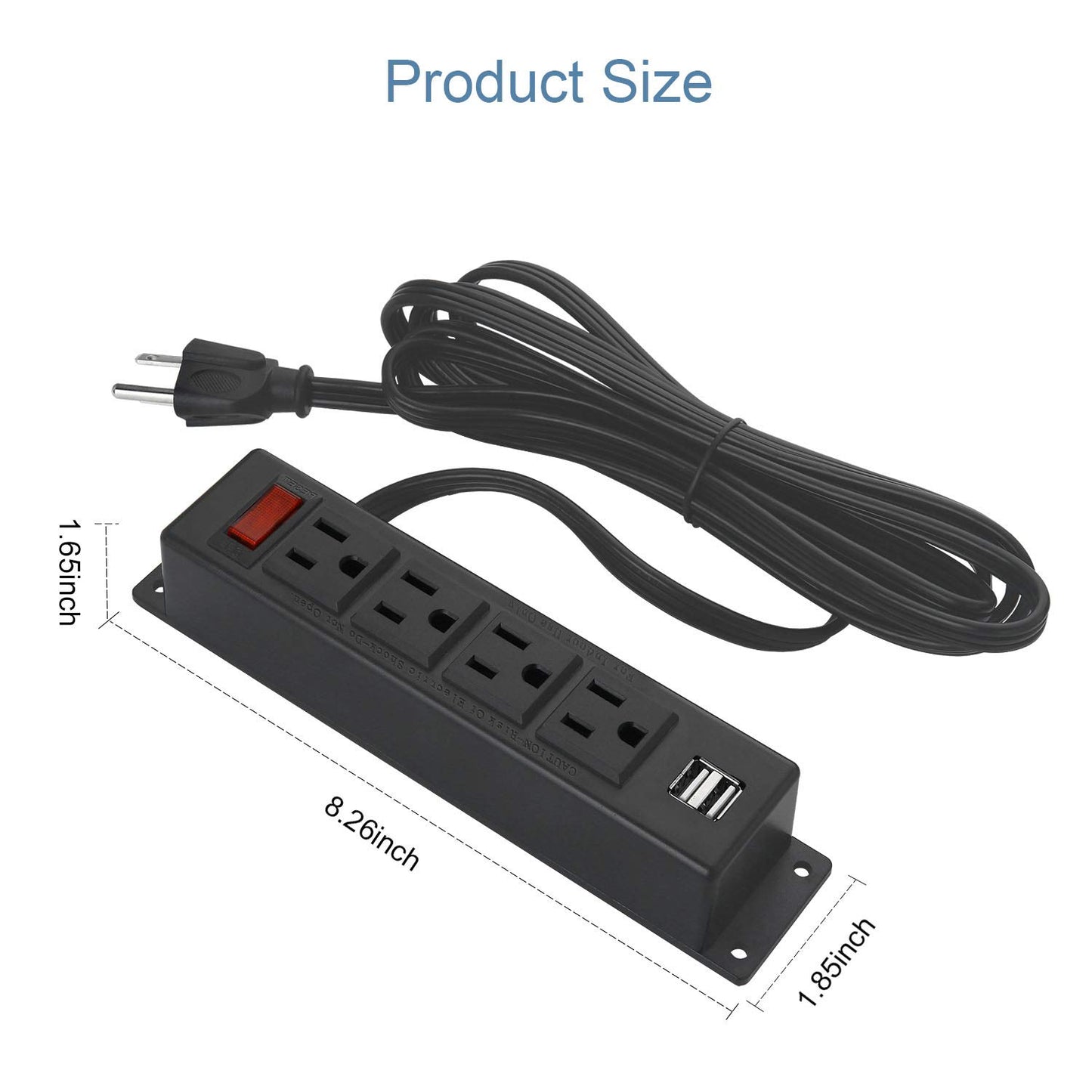 Wall Mount Power Strip with 4 Outlet, Mountable Power Strip with 2 USB Ports, 4-Port Under Desk Mount Connect with 6FT Power Cord, for Workbench