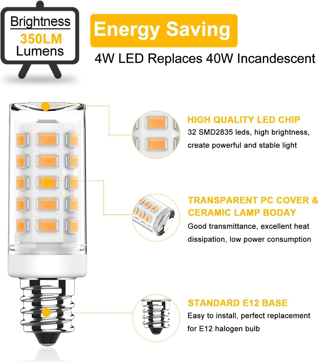 KLG E12 LED Bulb, Mini Candelabra Base, 4W (40W Equivalent), 3000K Warm White Non-Dimmable, T3/T4 Small Bulb for Ceiling Fans and Chandeliers, 6 Pack