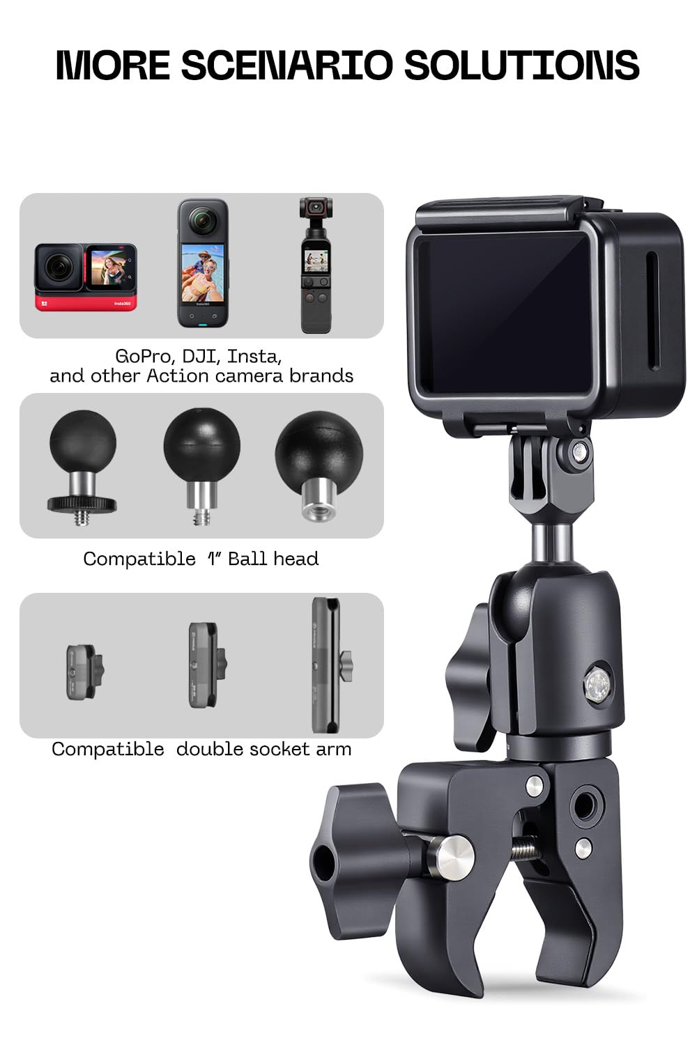 FANAUE Action Camera Universal Ball Adapter with Handlebar Base Mount Strong Rod Clamp,B Size 1" Ball Compatible Gopro Hero Series/AKASO/DJI/Action