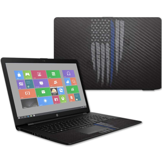 MightySkins Carbon Fiber Skin for HP 17T Laptop 17.3" (2017) - Thin Blue Line | Protective, Durable Textured Carbon Fiber Finish | Easy to Apply…