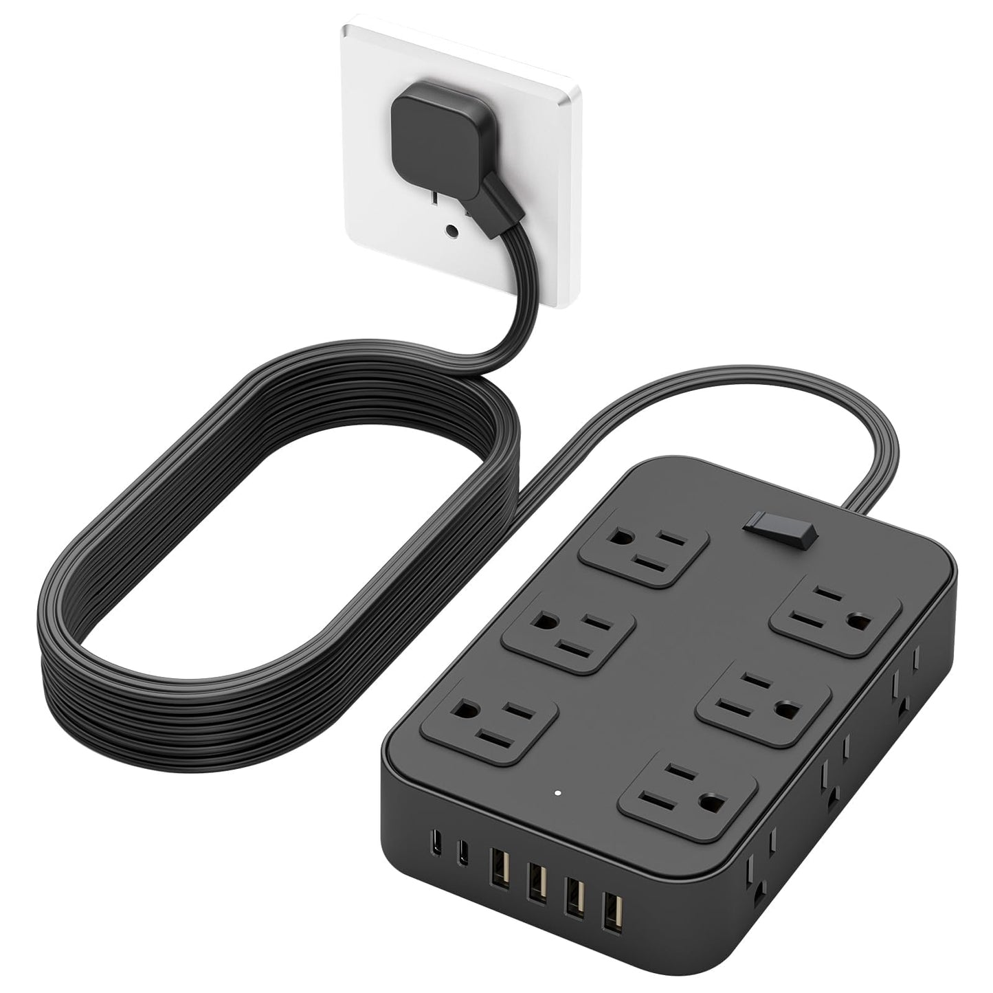 Solidock Flat Plug Power Strip Surge Protector 5 Ft Extension Cord with 12 AC Outlets 6 USB Ports 3 Side Multi Plug Outlet Extender Home Office