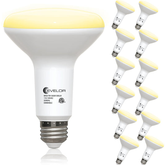 evelor 12 Pack BR30 Flood LED Light Bulbs 65W Equivalent, 7W Energy Efficient, Dimmable 800LM Bulbs 2700K Warm White, E26 Base for Recessed Cans