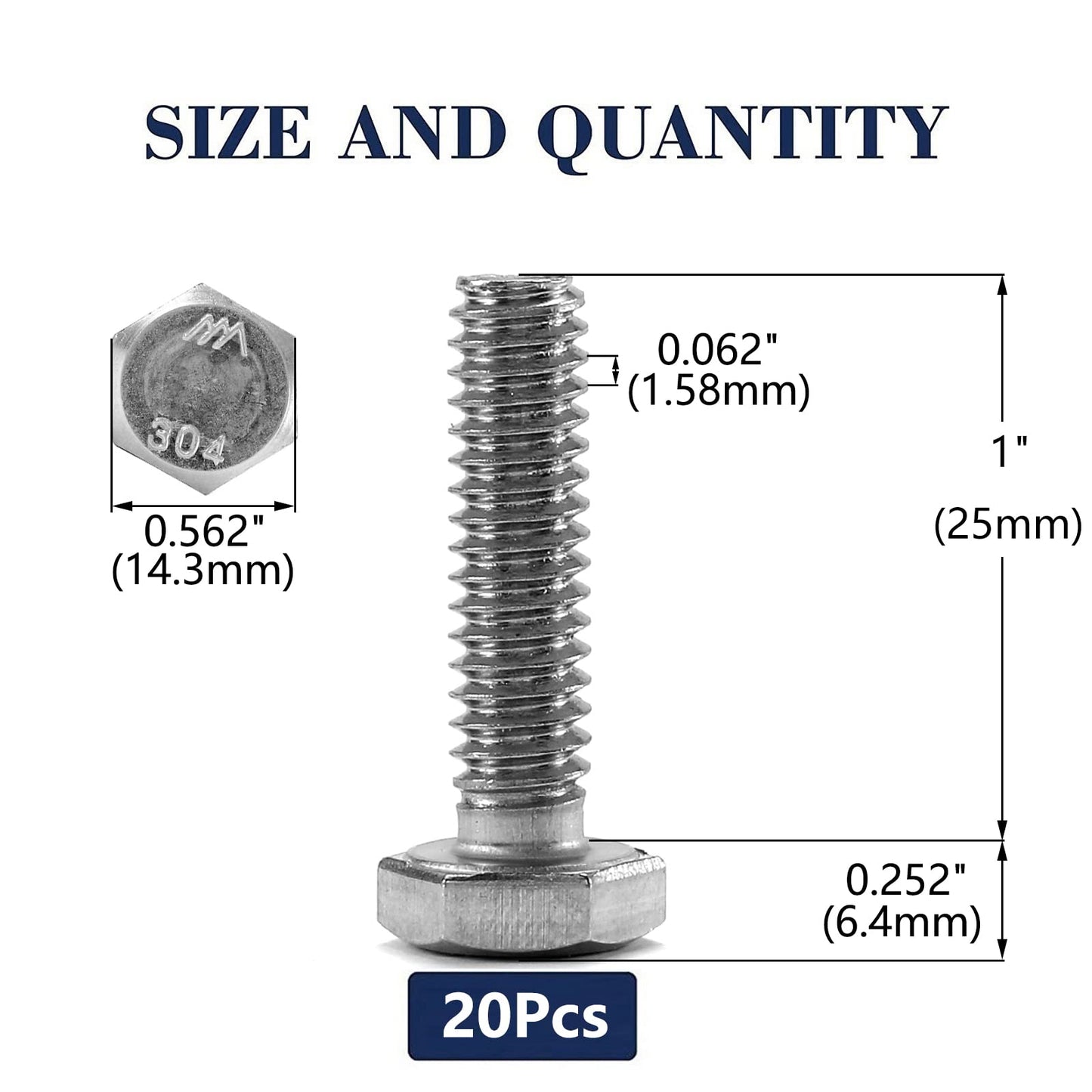 3/8-16 x 1 Hex Head Screw Bolt, 20Pcs 18-8 (304) Stainless Steel, Fully Threaded, Plain Finish, by SG TZH
