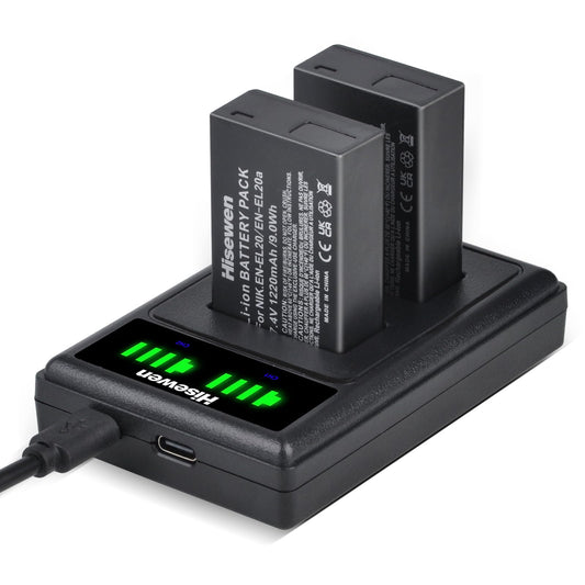 Hisewen EN-EL20 EN-EL20a Battery and Dual Charger for Nikon Coolpix P950, P1000, DL24-500, Coolpix A, 1 AW1, 1 J1, 1 J2, 1 J3, 1 S1, 1 V3 Digital