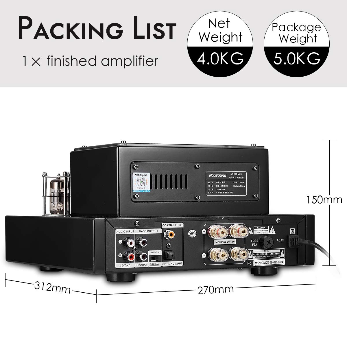 Nobsound MS-10D MKIII HiFi Bluetooth Hybrid Tube Power Amplifier Stereo Subwoofer Amp USB/Opt/Coax