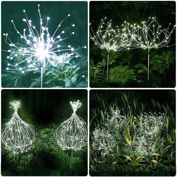 HFLYJPYW Solar Firework Lights 2Pcs Garden Lights Outdoor Waterproof, 120 LED with 8 Modes Twinkling and Steady-On, Festive daysStarburst Lights