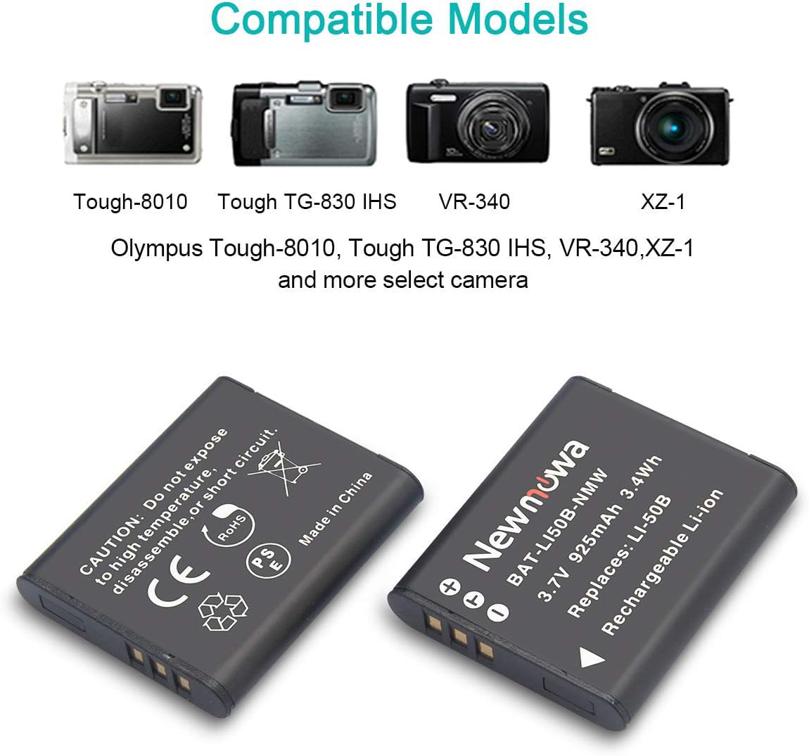 Newmowa Li-50B Battery (2 Pack) and Dual USB Charger Kit for Olympus LI-50B and Olympus SZ-10, SZ-12, SZ-15, SZ-16 iHS, SZ-20, SZ-30MR, SZ-31MR iHS