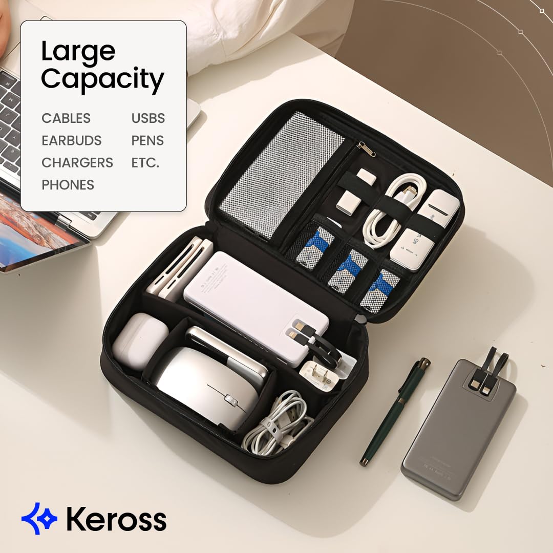 Keross Cable Organizer Bag for Travel with Removable Dividers - Electronics Organizer Case for Chargers, Cables, Power Banks & Accessories, Large