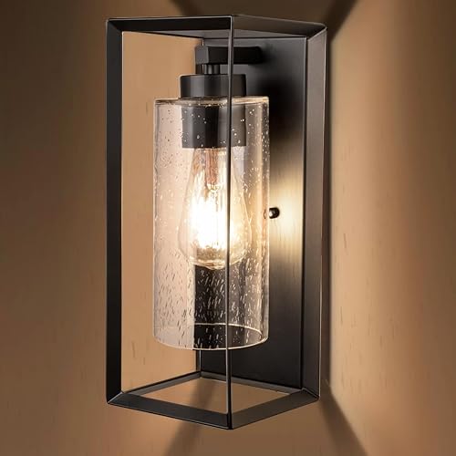 AMUMO Craly 14" H Outdoor Wall Lights, Outdoor Wall Sconce Exterior Waterproof Wall Lantern with Clear Seeded Glass Shade, Anti-Rust Black Metal Frame