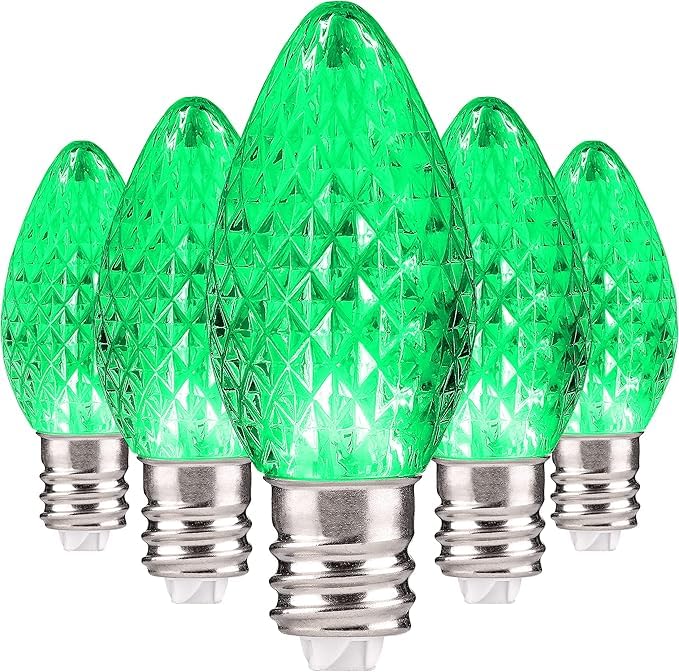 Holiday Lighting Outlet Faceted C7 Christmas Lights | Green LED Light Bulbs Holiday Decoration | Warm Christmas Decor for Indoor & Outdoor Use | 2 SMD