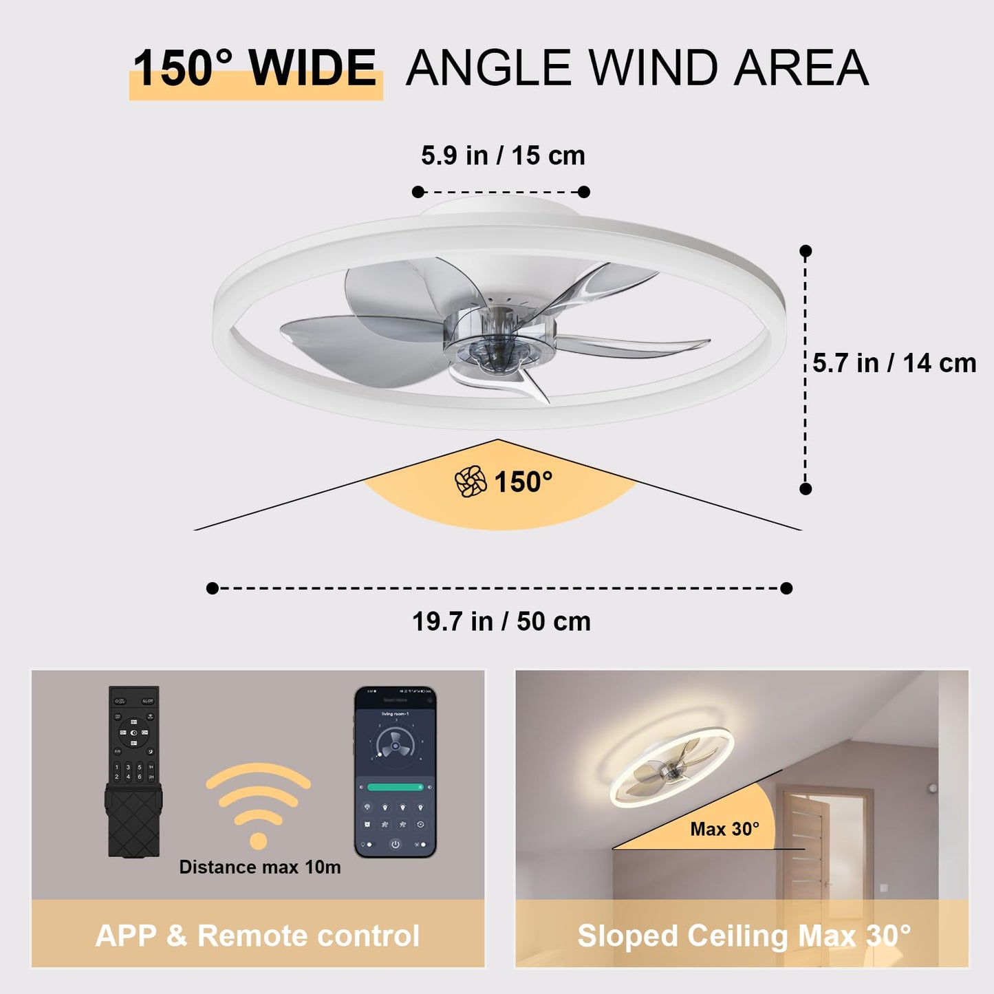 19.7'' Low Profile Ceiling Fans with Lights Flush Mount, Modern LED Ceiling Fans App and Remote Control, 6 Speeds Ceiling Fan with Smart Stepless LED