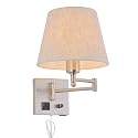 Bedside Wall Mount Light with Dimmable Switch and Outlet, Swing Arm Fabric Shade Wall Sconce Light with USB Port and Plug in Cord, Satin Nickel Wall