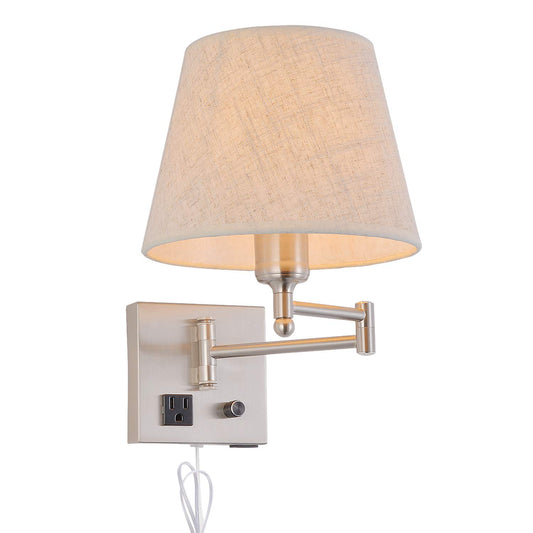 Bedside Wall Mount Light with Dimmable Switch and Outlet, Swing Arm Fabric Shade Wall Sconce Light with USB Port and Plug in Cord, Satin Nickel Wall