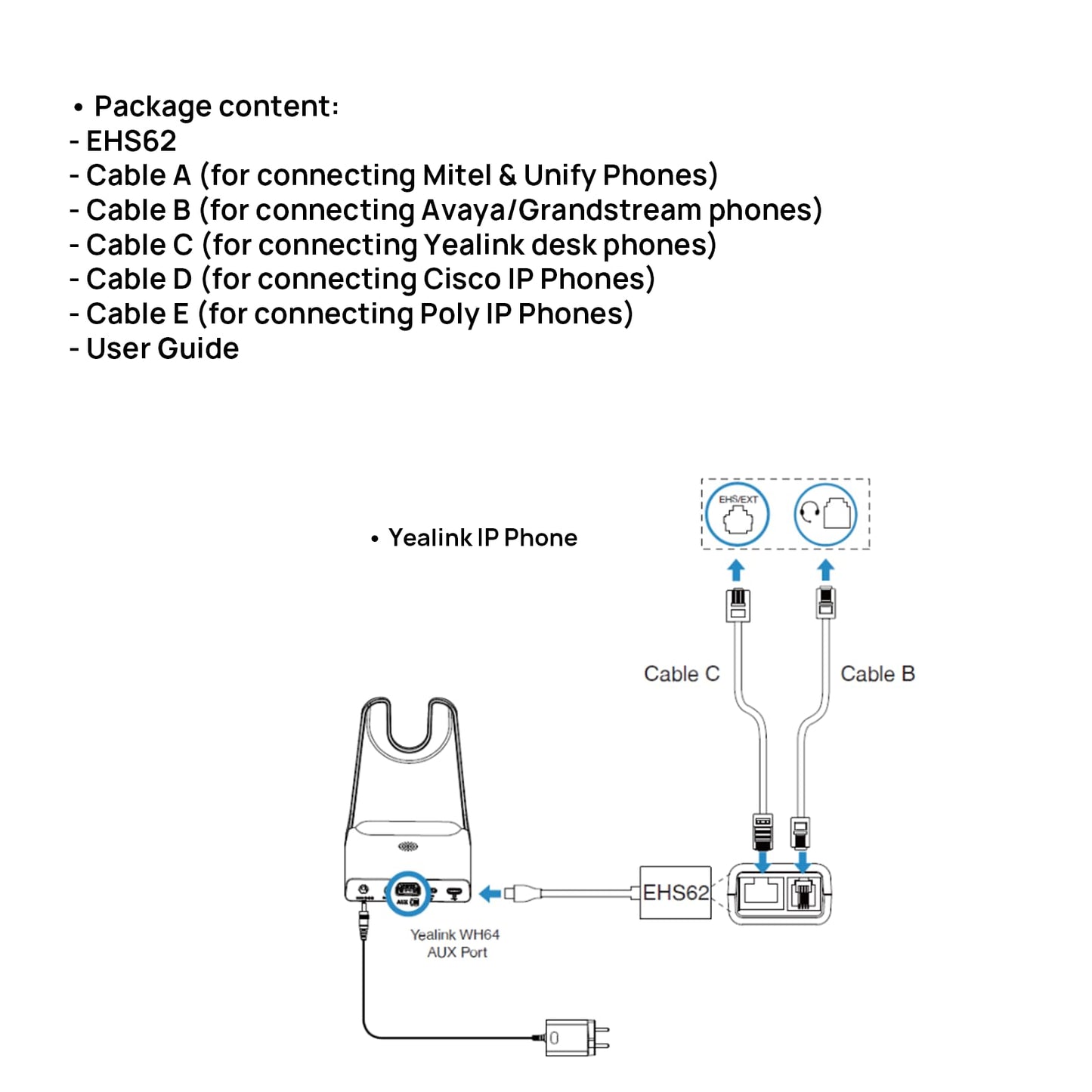 Yealink EHS62 Headset Adapter,Compatible with Cisco/Avaya/Poly/Grandstream Desk Phone,Connect to WH64/WH63 E2 Wireless DECT Headset
