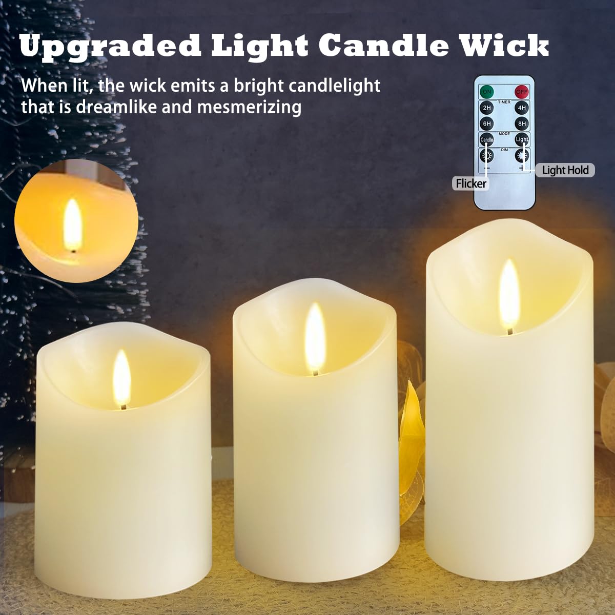 LEDHOLYT Rechargeable Flameless Candle, Flashing LED Pillar Real Wax Candle with Remote Control and Timer,Decorative Electronic Candles, 1 Set of 3