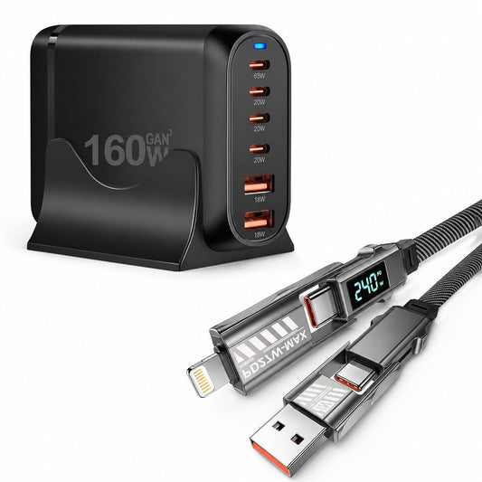 Famous Tech Shop 160W GaN Desktop Charger with 240W 4-in-1 Cable, 6 Port Charging Station with USB C and USB A, PD 3.0 QC 3.0 Fast Charging Hub