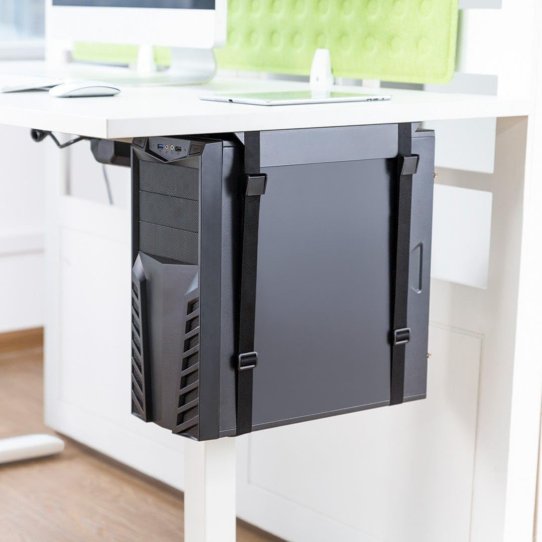 Desky Strap-On CPU Mount - Under-Desk Adjustable PC Holder with Steel Bracket & Foam Padding - Supports CPUs up to 22 lbs, Fits Towers up to 15.7"