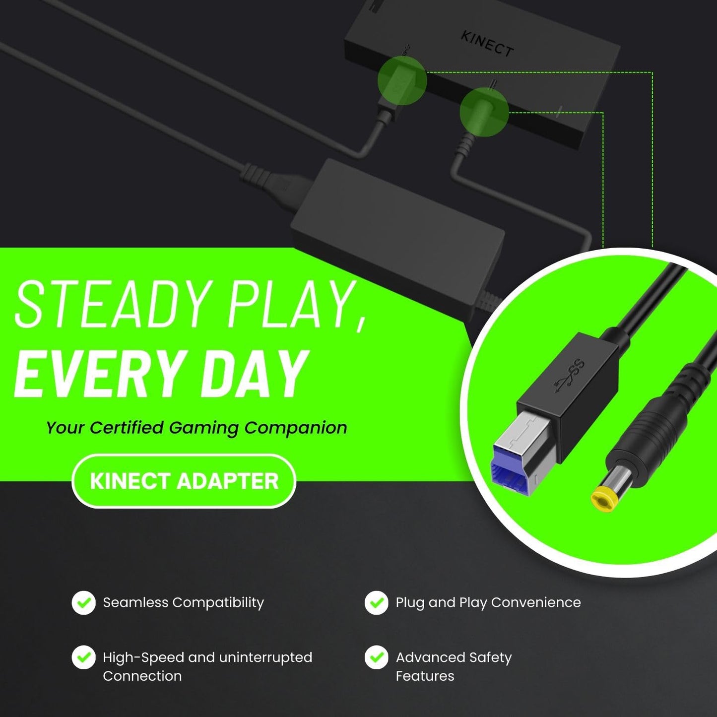 TNP Kinect Adapter for Xbox One S/X & Windows PC - Easy to Use, USB 3.0, Includes Power Adapter, AC Power Cable & USB 3.0 Cable