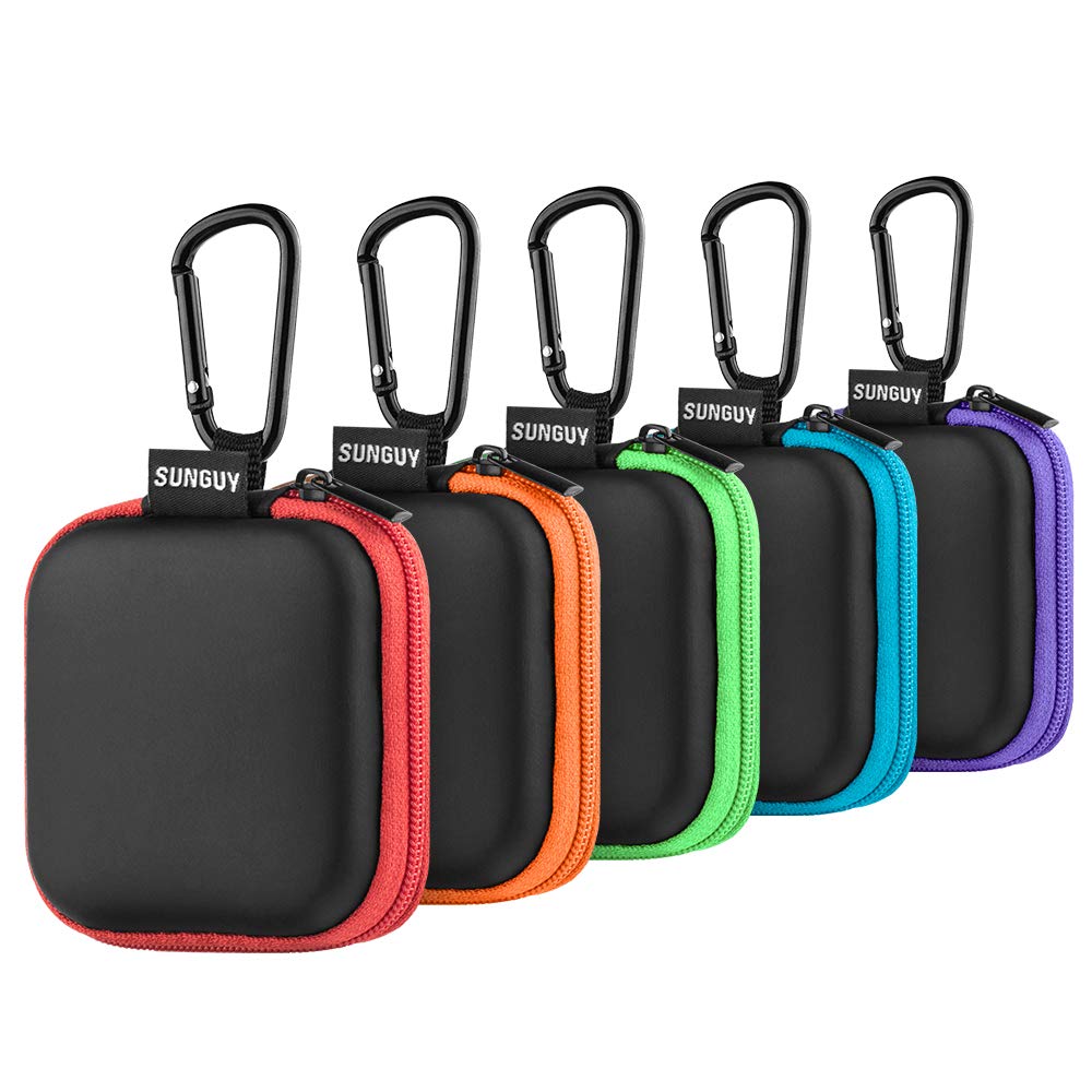 SUNGUY [5-Pack Earbud Case, Portable EVA Small Earbuds Carrying Case Storage Bag Organizer with Carabiners for Earphones, Earbuds, Earpieces, SD