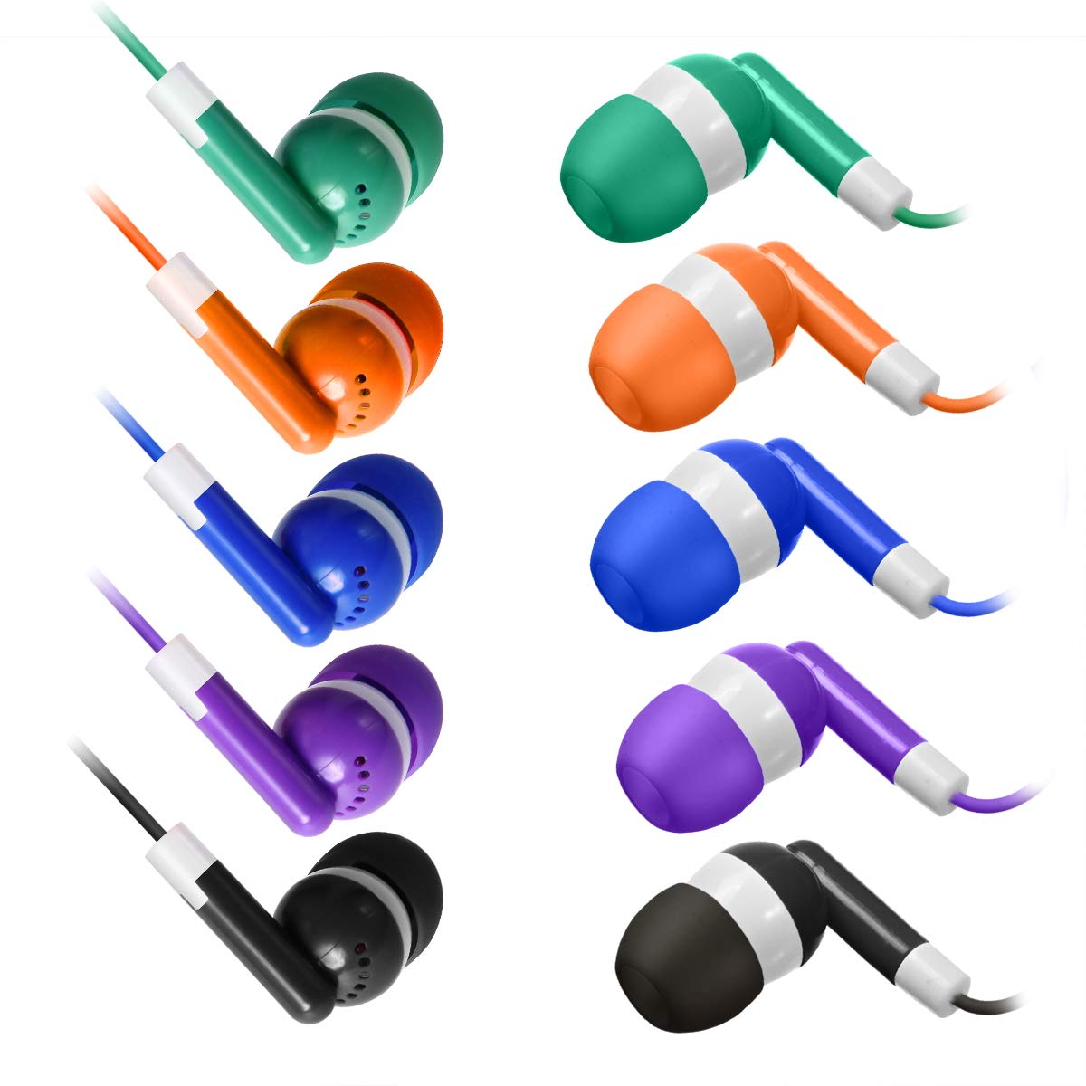 Keewonda 30 Pack Multi Color Earbuds for Kids, In-Ear, Wired, 5 Colors (Black, Blue, Orange, Green, Purple), Compatible