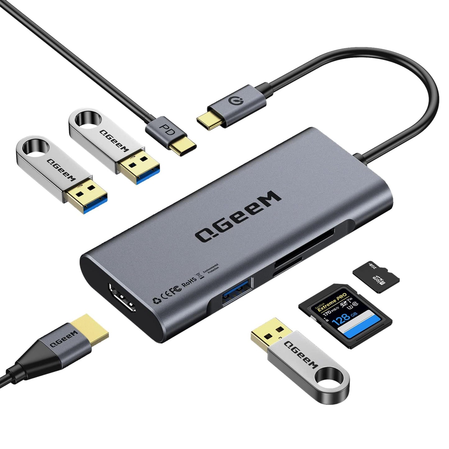 USB C Hub, QGeeM USB 4k to HDMI Adapter, 7 in 1 USB-C Dongle with 100W PD,USB 3.0, Card Reader, Compatible for MacBook iPhone 15/17 Ipad Pro