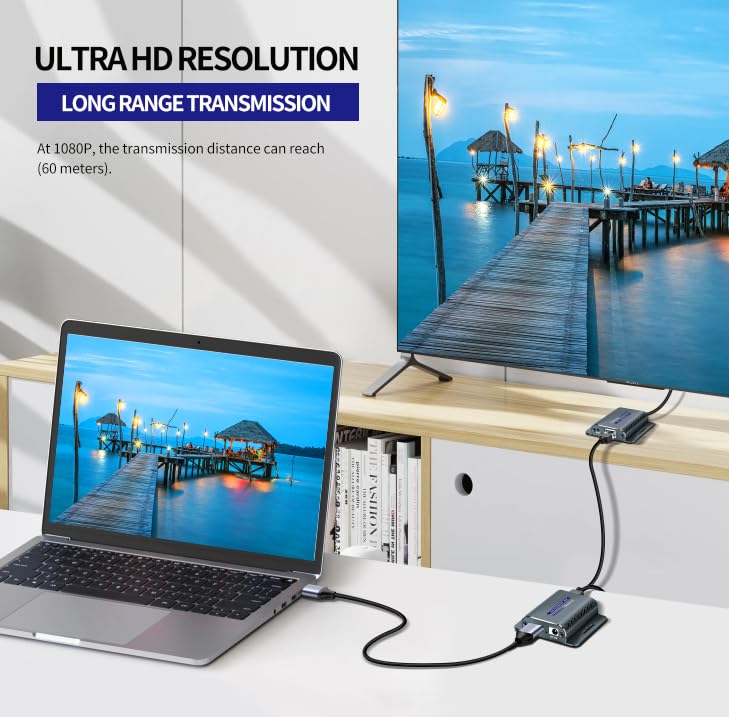 Techigher HDMI Extender Over CAT5e/6,HDMI Over Ethernet,HD MI Over cat6 with 200 FT for 1080@60Hz,RJ45 to HD Converter Plug & Play with 5V Power