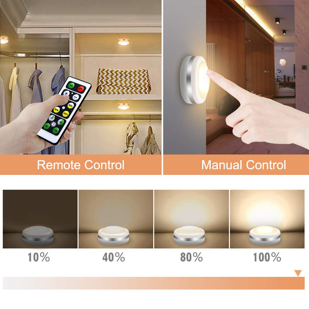 Bawoo LED Puck Lights 6 Pack, Remote Control, Warm White Brightness Dimmable Battery Powered Touch Closet Cupboard Kitchen Wardrobe Lights