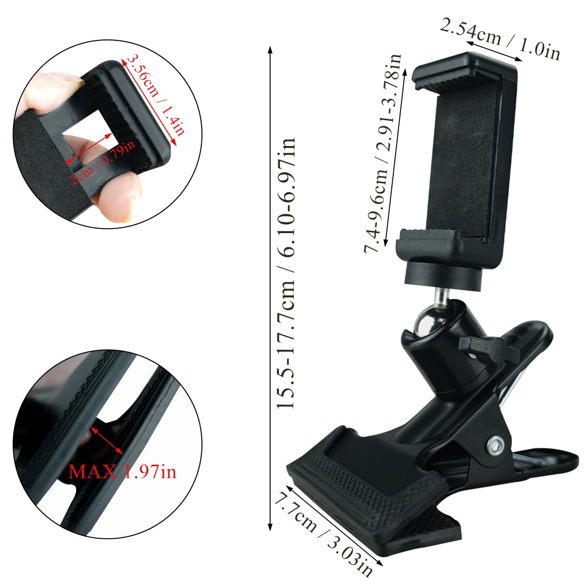 Mobile Phone Mount Holder 360 Degree Rotation Head Phone Clamp for Guitar 1/4-inch Mount 2 Pieces Black