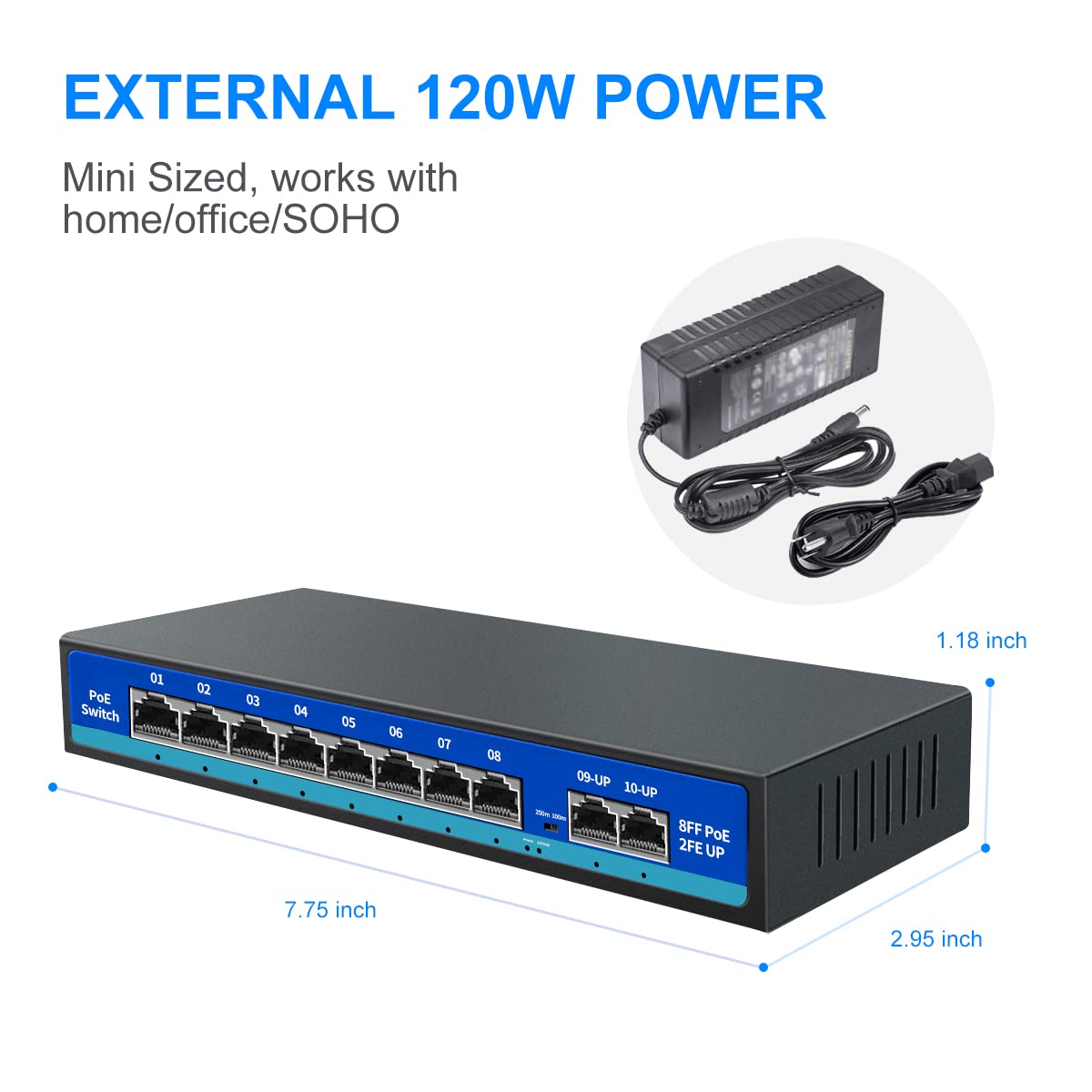 8 Port PoE Switch - 2 Uplink Ports, 120W, Fanless, Unmanaged, Metal Housing, IEEE 802.3af/at, Ideal for IP Cameras & PoE Devices