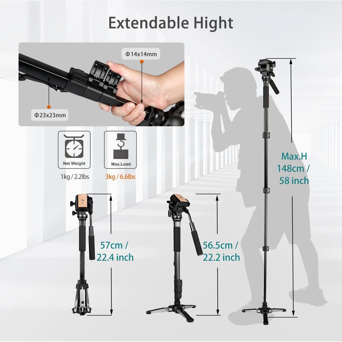 Extendable Camera Aluminum Monopod with Fluid Head and Foldable Tripod Base for DSLR Camera.Max Height 148cm / 58 inch. Payload up to 3kg/6.6lbs