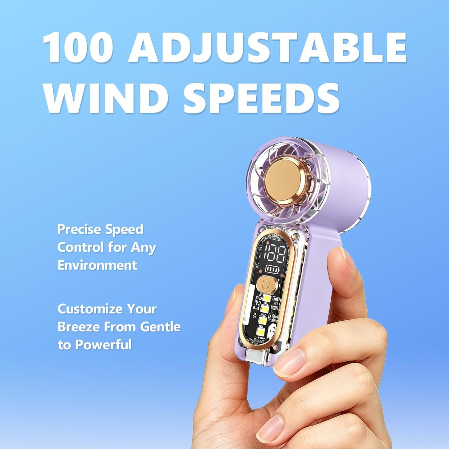 HUIQIHK Portable Mini Handheld Fan, 100 Speed Adjustable Pocket Fan with Digital Display, USB-C Rechargeable Personal Fan, Long Battery Life, Small