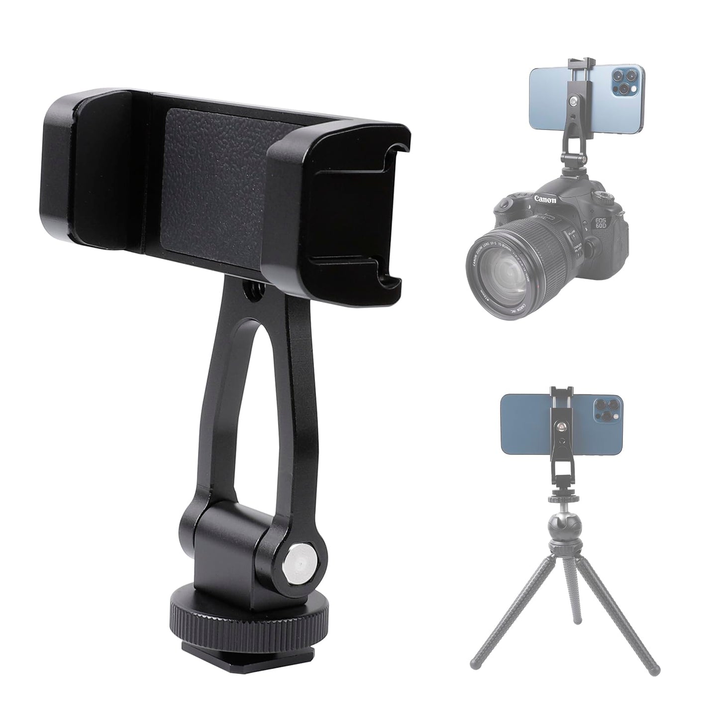 Aluminium Alloy Phone Tripod Mount, Universal Cell Phone Mount Adapter with 2 Cold Shoe Mount for Horizontal and Vertical Shooting, Compatible