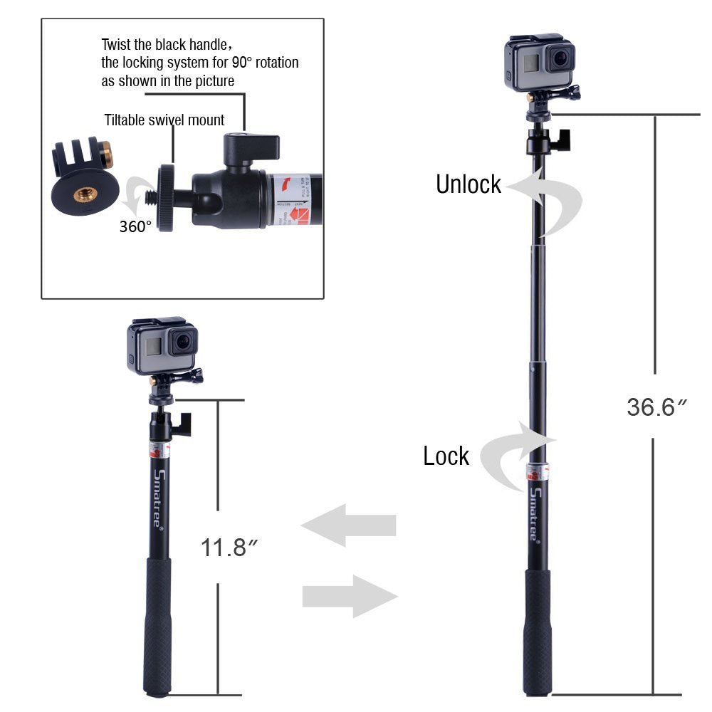 Smatree 36.6” Extendable Aluminum Selfie Stick/Monopod Compatible for DJI OSMO 360/Osmo Action 6/Insta360 X5/Ace, for Gopro Max 2/Lit