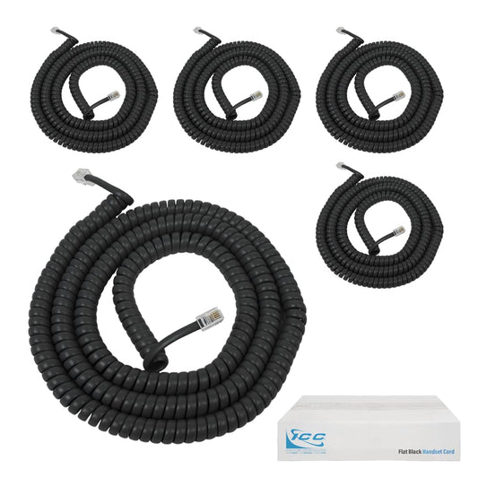 ICC Telephone Handset Cord/Phone Cord, 25 Ft - RJ9 (RJ22) Connectors, Flat Black, 5-Pack - Curly Coiled Tangle-Free Design for PBX & VoIP Phones