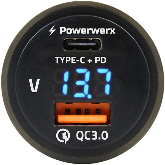 Powerwerx PanelQCUSBC Panel Mount Combo USB Type-C Power Delivery (PD) and USB QC 3.0 with Blue LED Voltage Display for 12/24V Vehicles