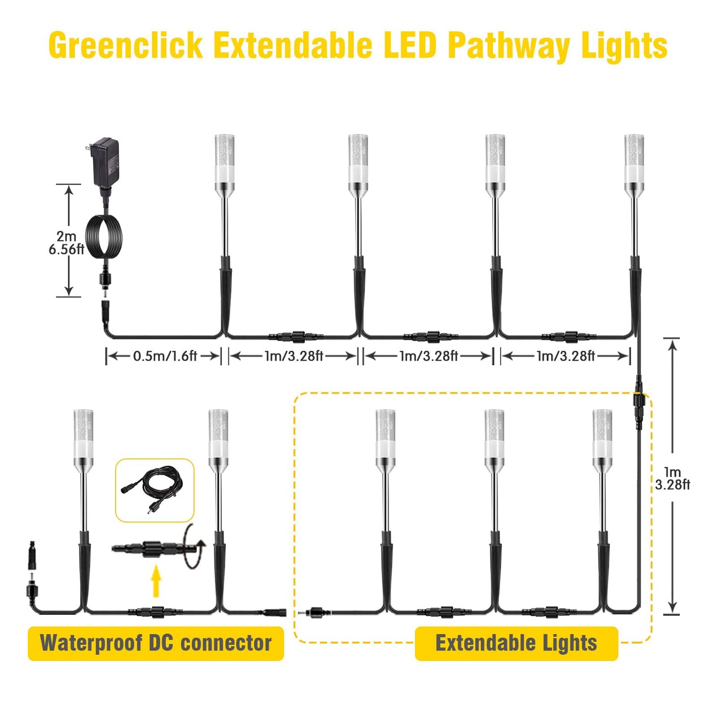 GreenClick LED Pathway Lights, 4.8W 12V AC/DC Low Voltage Path Lights, 570 Lumen 6 Pack Extendable Outdoor Landscape Lighting IP65 Waterproof Garden