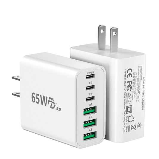 ?2 Pack? USB C Charger Block, 65W Fast Charge Type C 45W, 6-Port Charger Plug Power Adapter, 3USBC+3USBA Multiport Wall Charging Block, Compatible