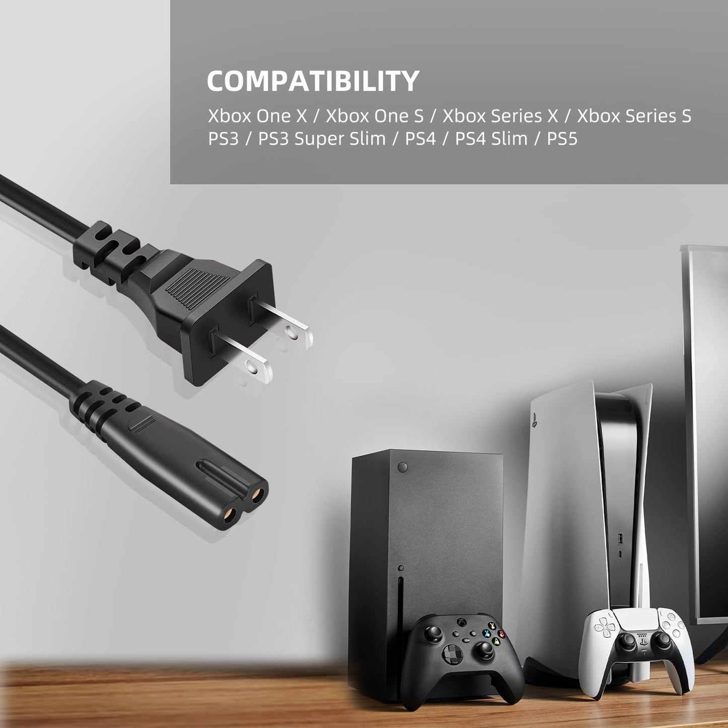 2 Prong AC ICE 7 Figure-8 Power Cord for Xbox One X S, Xbox Series X S, PS5 PS4 PS3, PS3 Slim, PS3 Super Slim, PS4 Slim, Game Console Power Cord Cable