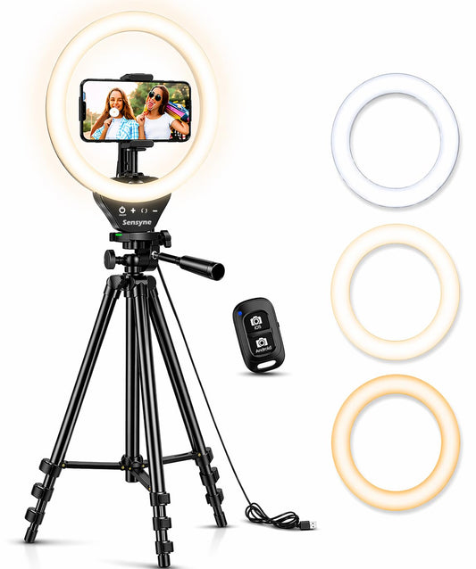 Sensyne 10" Ring Light with Stand and Phone Holder, LED Selfie Ring Light Tripod for Video Recording/Live Stream/Makeup/YouTube/TikTok, Compatible