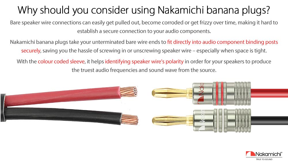 Nakamichi Ultimate Series 24K Gold Plated Beryllium Red Copper Banana Plug 12-18 AWG Gauge Size 4mm Connector for Speakers Wire Amplifiers Hi-Fi Sound