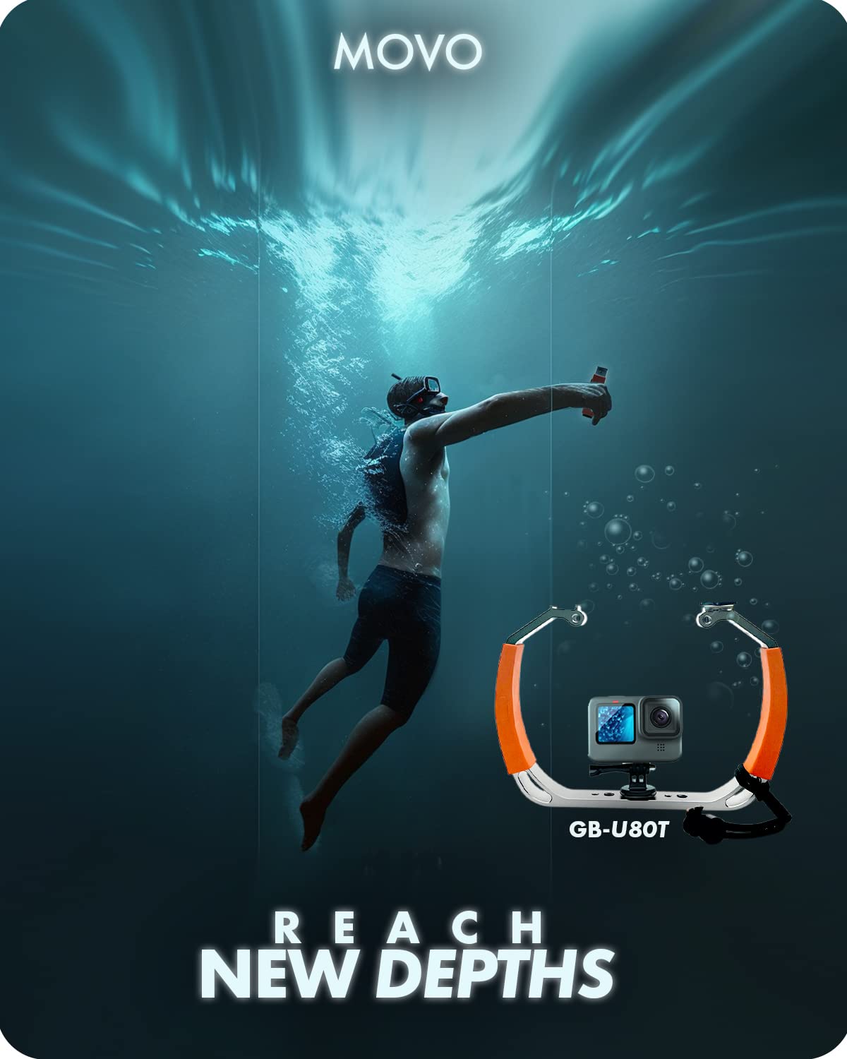 Movo GB-U80T Underwater Diving Rig with Cold Shoe Mounts, Strap - Compatible with GoPro Hero, HERO6, HERO7, HERO8, HERO9, HERO10, HERO11, Osmo Action
