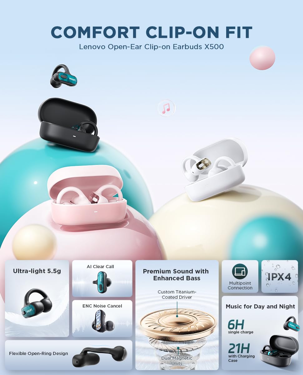 Lenovo Open Ear Clip On Earbuds X500 Bluetooth 6.0 Wireless Earbuds with 11 mm Drivers, Open Ear Ergonomic Design, Dual Device Connectivity, Built in